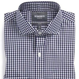 Bonobos Daily Grind - Semi-Spread Collar - Navy Gingham - Slim - 15x33